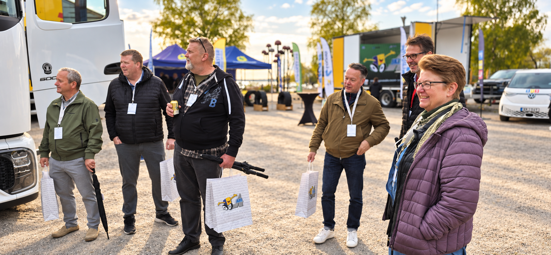 Deltagare minglar mellan lastbilarna på utställningsområdet