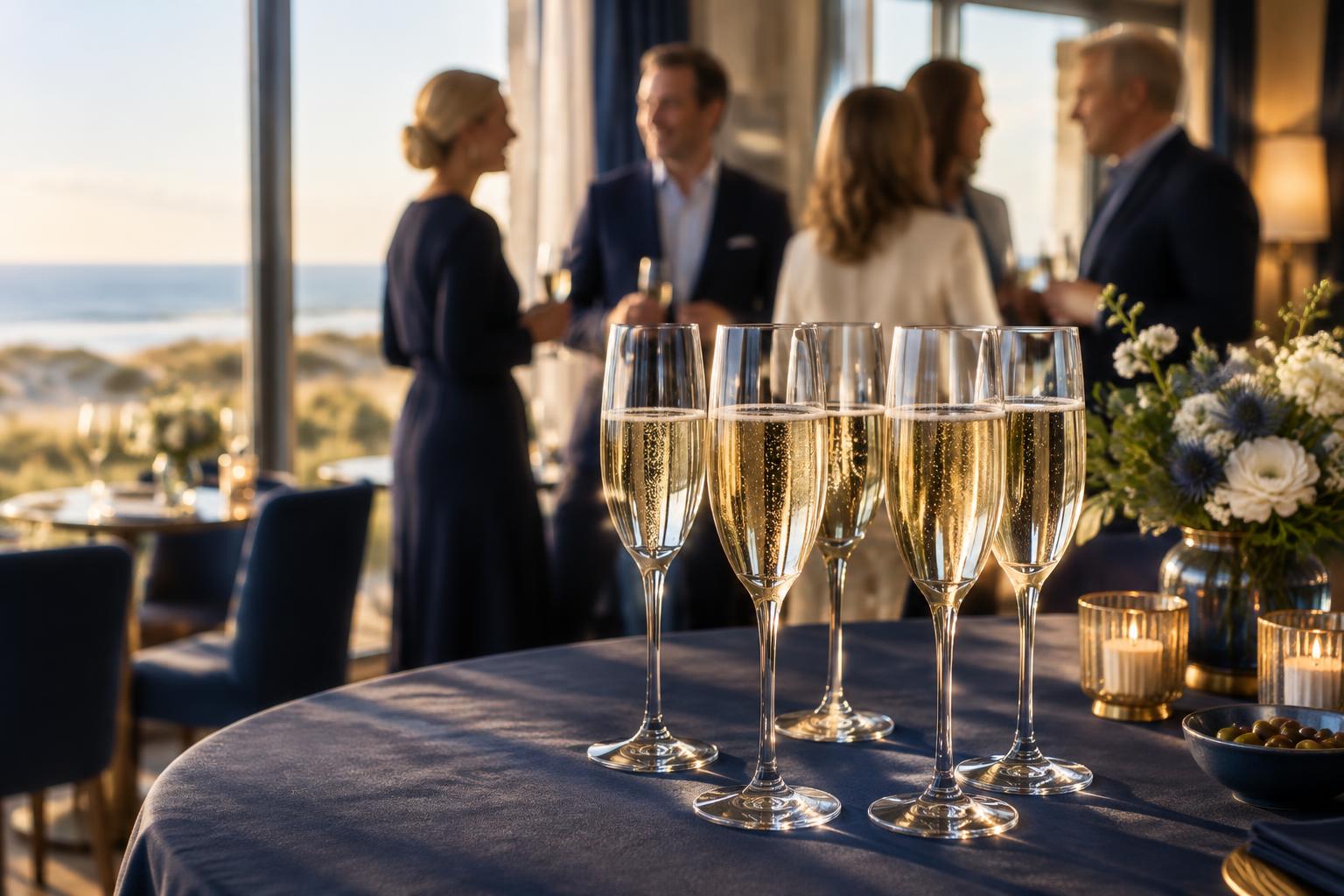 Champagneglas uppdukade för provning på Hotel Tylösand