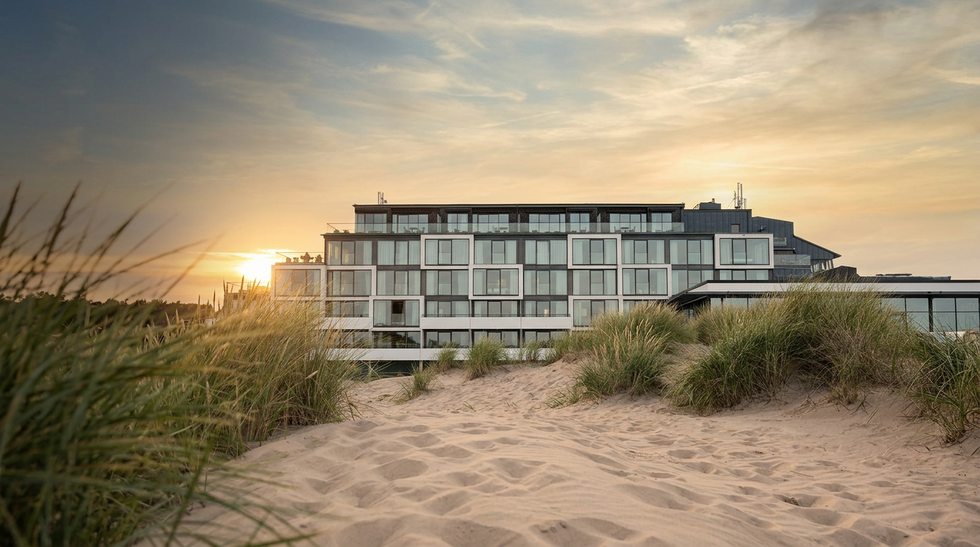 Hotel Tylösand bakom sanddyner i kvällssol